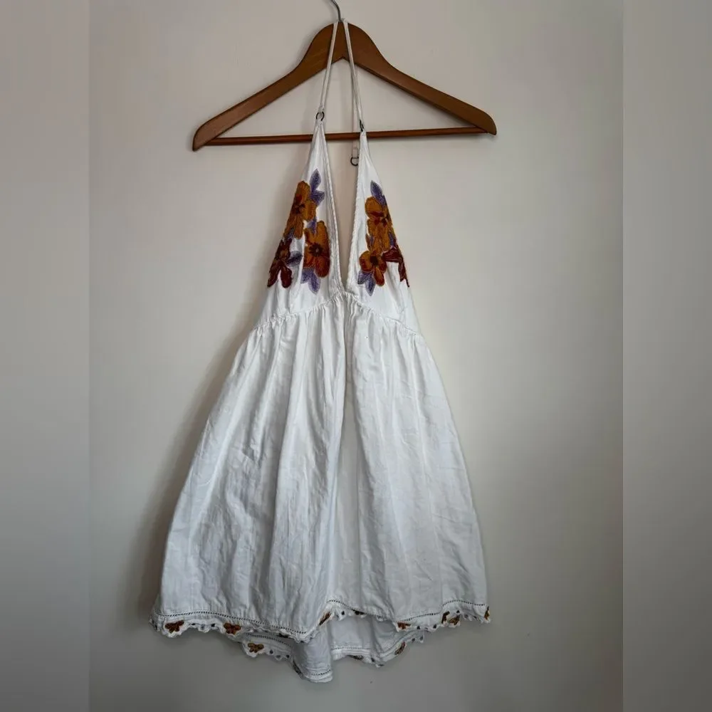 Free People White Mini Dress with Floral Embroidery Medium